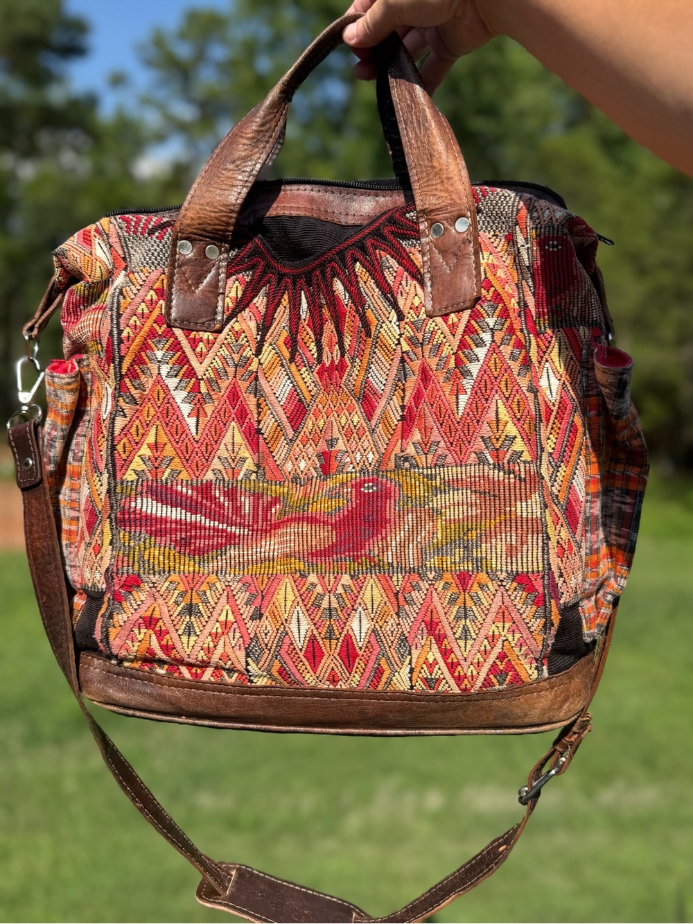 Nena & Co. Artisan Huipil bird bag full panel with Corte pockets